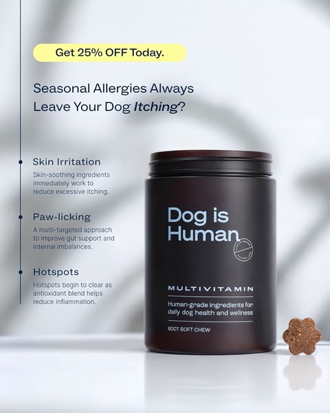 A clean, minimalist product-focused ad that directly addresses seasonal pet allergy symptoms through a structured benefit list.